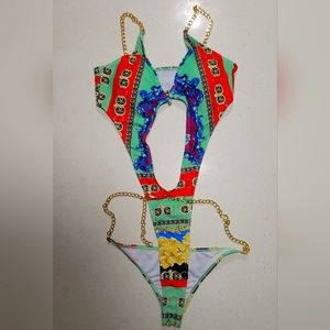 Sexy bathing suit with gold chain straps and matching cover up
